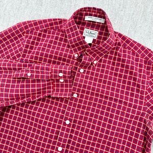 LL Bean Button Down Shirt Men's Medium Tall Red Plaid Slim Fit Wrinkle Resistant